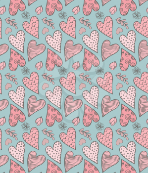 Abstract Seamless Valentine's Cute Pattern With Hearts, Flowers And Leaves