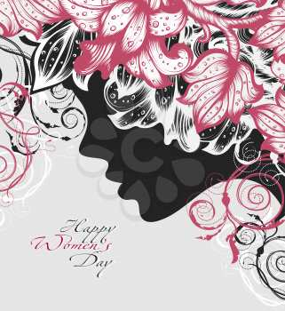 Silhouette of a woman decorated hand drawn flowers for Happy Womens Day
