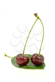 Royalty Free Photo of Cherries on a Leaf