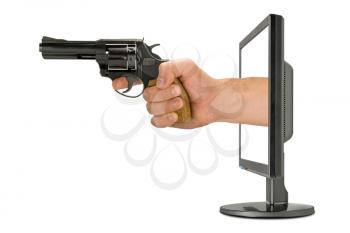 Royalty Free Photo of a Person Holding a Gun in a Computer Monitor