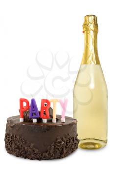 Royalty Free Photo of a Bottle of Champagne and Cake
