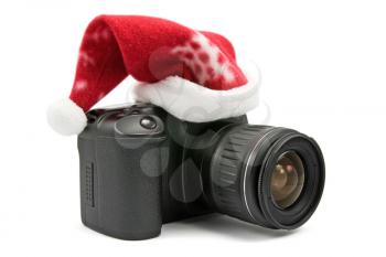 Royalty Free Photo of a Santa Hat on a Camera