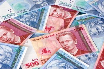 Lithuanian currency background. Close-up image of two hundred  and five hundred litas banknotes