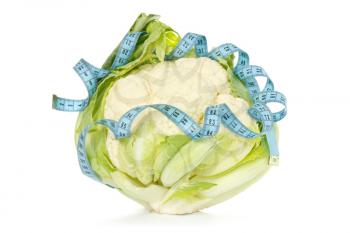 Healthy food concept. Cauliflower wrapped by blue measure tape.