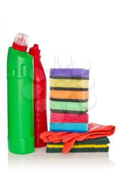 cleaning supplies and gloves on white background