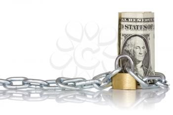 U.S. dollar banknote with lock and chain. Money concept for safety and investment.