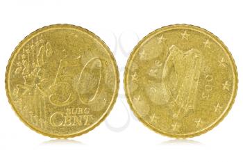 Fifty euro cent of Ireland, isolated on white background