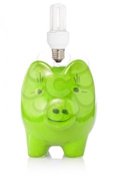 Energy savings concept. Green piggy-bank with compact fluorescent lightbulb.