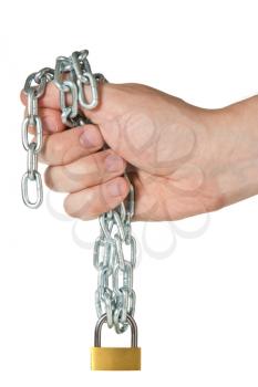 Hand holding chain with padlock. Isolated on white background