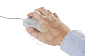 Hand with  computer mouse over a white background