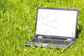 laptop with blank screen on the grass