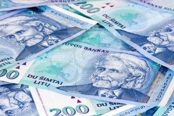 Lithuanian currency background. Close-up image of two hundred litas banknotes