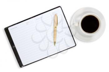 Notebook and coffee cup on the white background