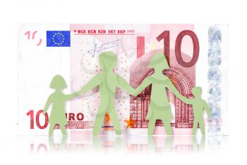 Monetary concepts. Paper family and ten Euro banknote on a white background