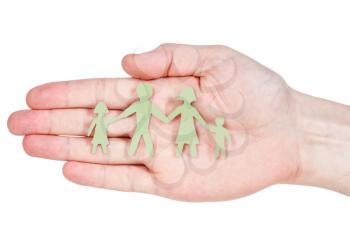 Paper family in hand isolated on white background 