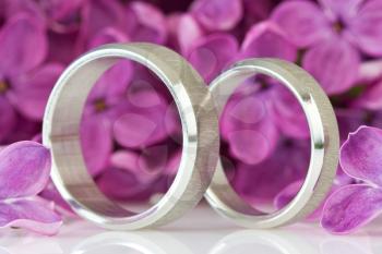 two silver rings with lilac flowers in the background