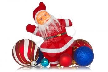Santa claus with christmas baubles on white background