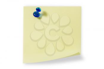 Blank yellow sticky note with blue push pin isolated on white background 