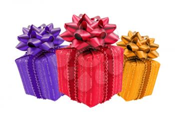 Three color gift boxes isolated on white background