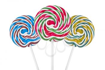 Three colorful spiral lollipops  isolated on white background