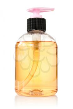 transparent bottle with liquid soap on white background