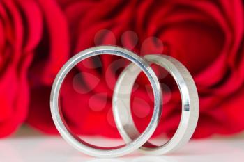 two silver rings with red roses in the background