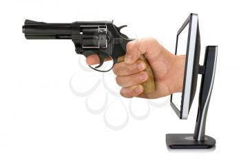 Computer monitor and hand with gun, isolated on white background 
