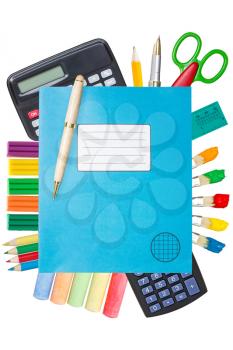 Blue exercise book with school supplies, isolated on white background