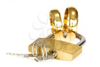 Together forever concept. Padlock with golden rings on white background