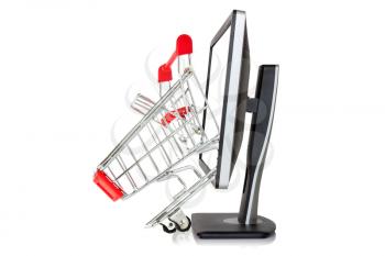 Shopping cart comes out of a monitor. Isolated on white background 