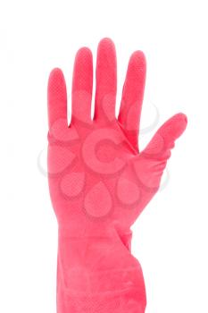 Hand with red rubber glove isolated on white background 
