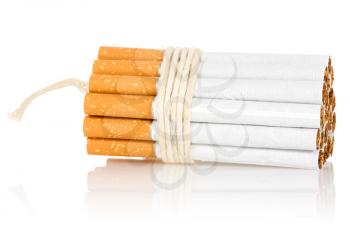 Stop smoking concept. Cigarettes tied with rope and wick isolated on white