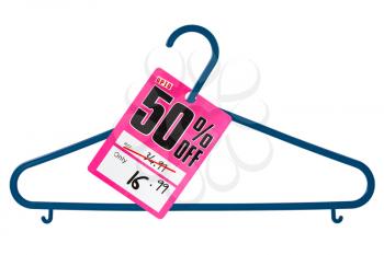 Plastic hanger with sale tag, isolated on white background