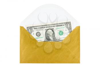 Golden envelope with dollar isolated on white background.