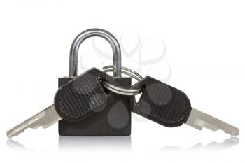 Black padlock with a keys, isolated on white background