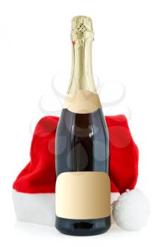 Champagne bottle and hat of Santa on the white background
