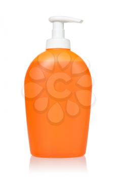 Orange dispenser with detergent, isolated on white background