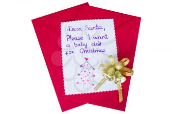Letter to santa - I want a baby doll. Isolated on white background