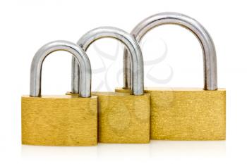 Three padlocks of different size in a row on white background