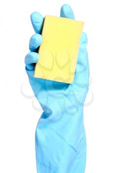 Hand in blue glove with sponge isolated on white background 