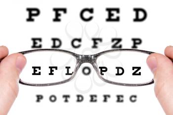 Sight test seen through eye glasses. Isolated on white background