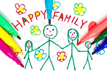 Felt tip pens and color drawing of happy family