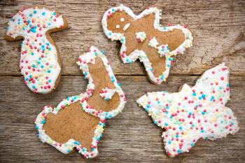 Homemade gingerbread cookies on the wooden background