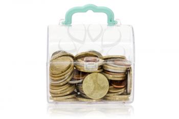 Clear plastic box with coins. Isolated on white background