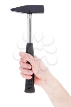 Modern hammer in male hand, isolated on white background