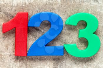 123 colorful plastic number on the canvas background
