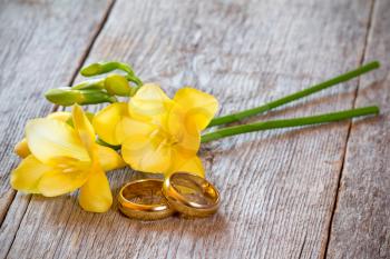  Golden wedding rings with freesia flower on wooden background