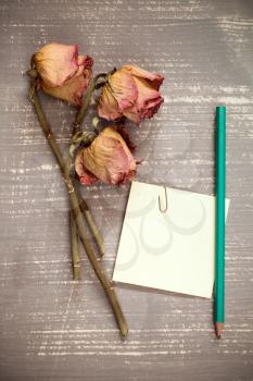 Old roses and blank sticky note with pencil. 