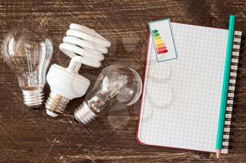 Three different light bulbs and notebook with energy efficiency label 