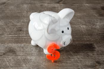 Piggy bank with  dollar sign on the wooden background